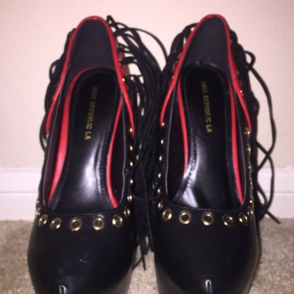 Saddle Red/Black Fringe Platform Stilettos